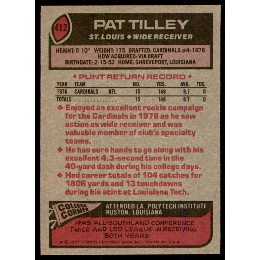 1977 TOPPS PAT TILLEY ST. LOUIS CARDINALS #412 Rookie Card